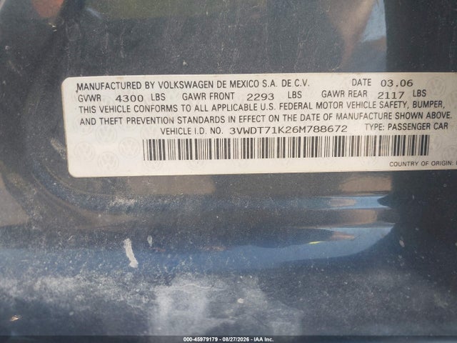 Aukcja sprzedaży 2006 Volkswagen Jetta Tdi, vin: 3VWDT71K26M788672, numer aukcji: 45979179