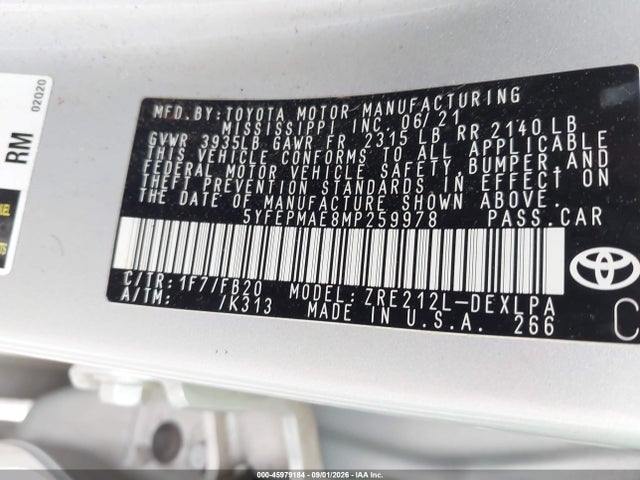 Aukcja sprzedaży 2021 Toyota Corolla Le, vin: 5YFEPMAE8MP259978, numer aukcji: 45979184