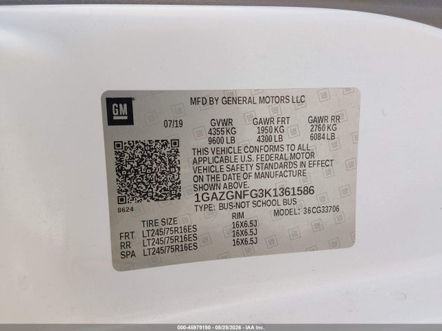 Продажа на аукционе авто 2019 Chevrolet Express 3500 Ls, vin: 1GAZGNFG3K1361586, номер лота: 45979190
