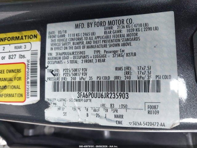 45979191 :رقم المزاد ، 3FA6P0UU6JR235903 vin ، 2018 Ford Fusion Hybrid S مزاد بيع