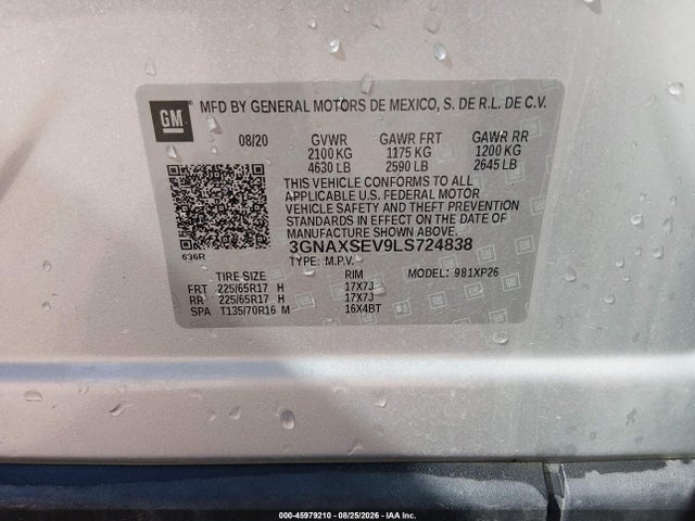 Продажа на аукционе авто 2020 Chevrolet Equinox Awd Ls, vin: 3GNAXSEV9LS724838, номер лота: 45979210