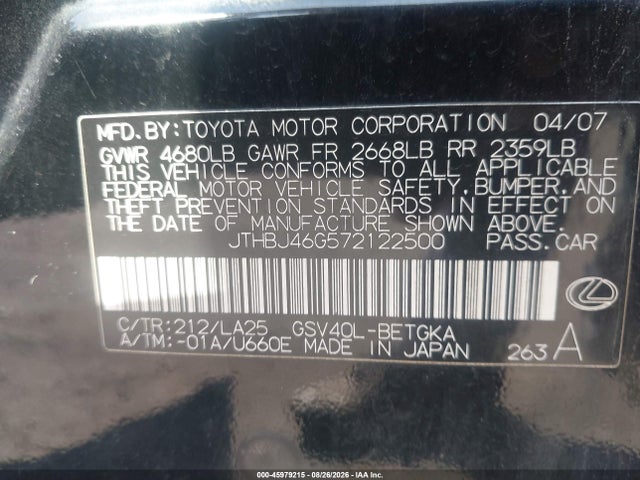 45979215 :رقم المزاد ، JTHBJ46G572122500 vin ، 2007 Lexus Es 350 مزاد بيع
