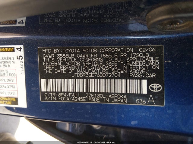 Aukcja sprzedaży 2006 Toyota Corolla Ce, vin: JTDBR32E760072704, numer aukcji: 45979225