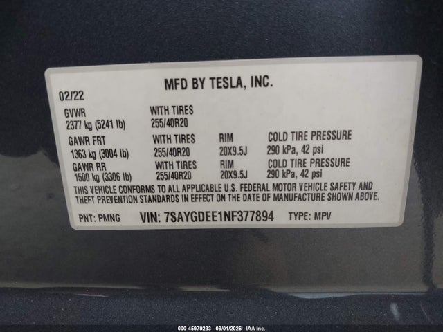 7SAYGDEE1NF377894 Tesla Model Y Long Range Dual Motor All-wheel Drive