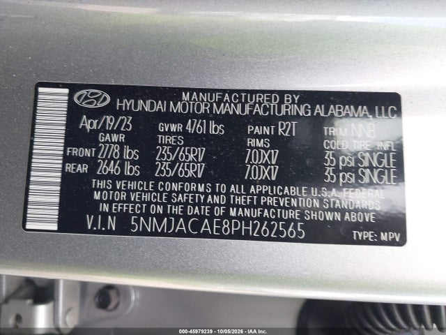 5NMJACAE8PH262565 Hyundai TUCSON SE