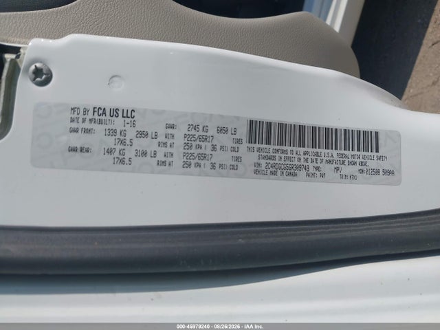 45979240 :رقم المزاد ، 2C4RDGCG5GR309749 vin ، 2016 Dodge Grand Caravan Sxt مزاد بيع