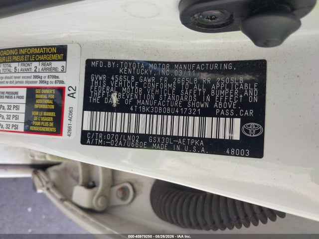 2011 Toyota Avalon Limited მანქანა იყიდება აუქციონზე, vin: 4T1BK3DB0BU417321, აუქციონის ნომერი: 45979250