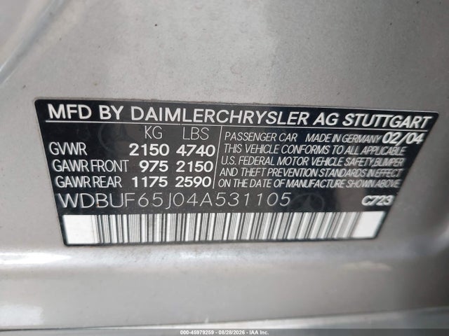 Продаж на аукціоні авто 2004 Mercedes-benz E 320, vin: WDBUF65J04A531105, номер лоту: 45979259