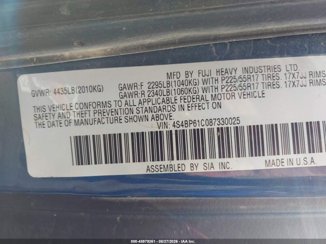 Продажа на аукционе авто 2008 Subaru Outback 2.5i/2.5i L.l. Bean Edition, vin: 4S4BP61C087330025, номер лота: 45979261