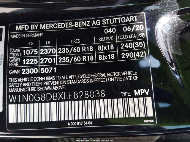 45979267 :رقم المزاد ، W1N0G8DBXLF828038 vin ، 2020 Mercedes-benz Glc 300 مزاد بيع