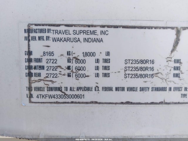 Продажа на аукционе авто 2005 Travel Supreme 5th Wheel, vin: 4TKFW433053000601, номер лота: 45979275