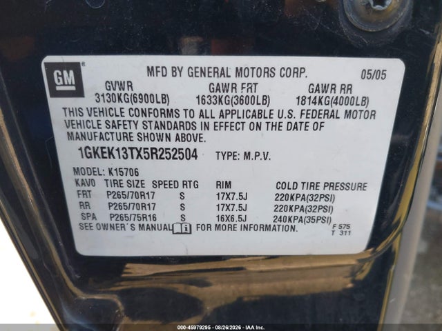 Продаж на аукціоні авто 2005 Gmc Yukon Slt, vin: 1GKEK13TX5R252504, номер лоту: 45979295