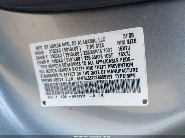 45979300 :رقم المزاد ، 5FNRL38708B055157 vin ، 2008 Honda Odyssey Ex-l مزاد بيع