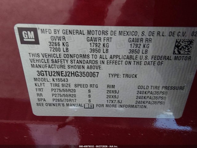 Aukcja sprzedaży 2017 Gmc Sierra 1500 Slt, vin: 3GTU2NEJ2HG350067, numer aukcji: 45979332