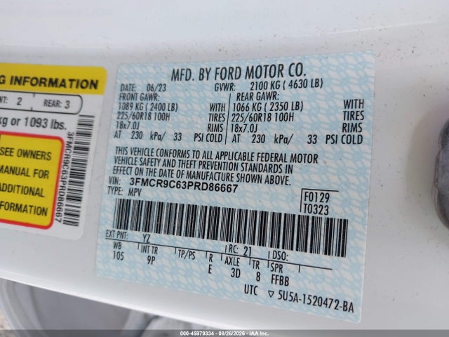 2023 Ford Bronco Sport Outer Banks მანქანა იყიდება აუქციონზე, vin: 3FMCR9C63PRD86667, აუქციონის ნომერი: 45979334
