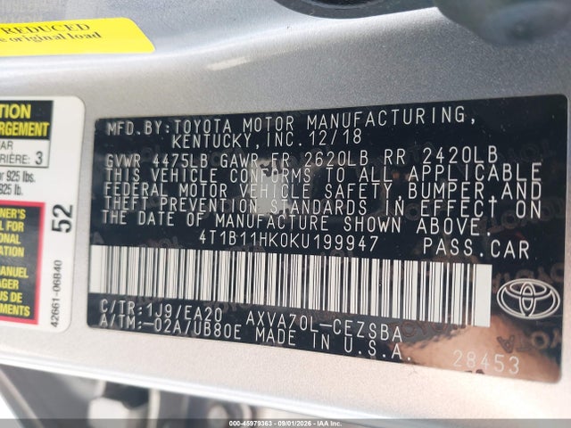 Toyota CAMRY SE 2019 4T1B11HK0KU199947 Image 9