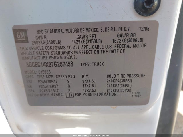 2007 Chevrolet Silverado 1500 Classic Work Truck მანქანა იყიდება აუქციონზე, vin: 3GCEC14X37G257458, აუქციონის ნომერი: 45979364