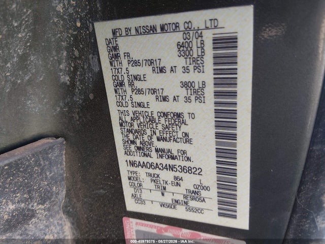 45979375 :رقم المزاد ، 1N6AA06A34N536822 vin ، 2004 Nissan Titan Se مزاد بيع