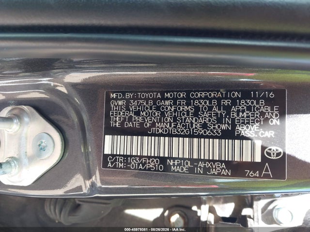 Toyota Prius C One 2016 JTDKDTB32G1590633 Image 9