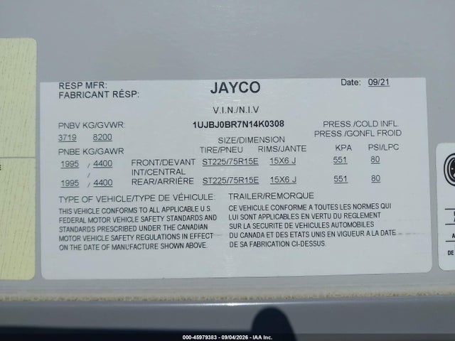 45979383 :رقم المزاد ، 1UJBJ0BR7N14K0308 vin ، 2022 Jayco White Hawk مزاد بيع