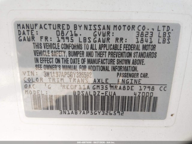 Aukcja sprzedaży 2016 Nissan Sentra Sv, vin: 3N1AB7AP5GY326592, numer aukcji: 45979388