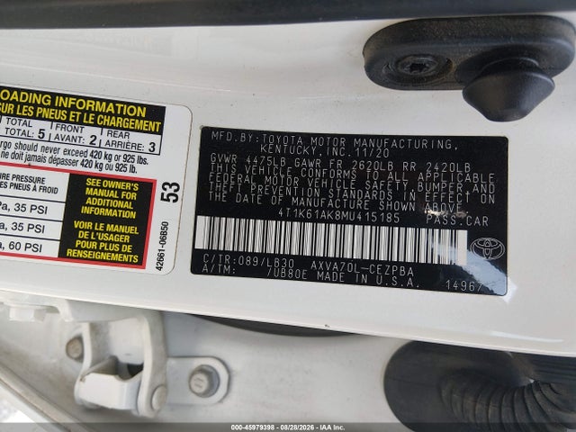 Aukcja sprzedaży 2021 Toyota Camry Xse, vin: 4T1K61AK8MU415185, numer aukcji: 45979398