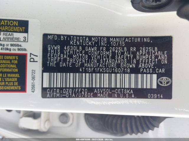 45979399 :رقم المزاد ، 4T1BF1FK5GU160718 vin ، 2016 Toyota Camry Se مزاد بيع