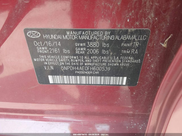 Hyundai ELANTRA SE 2015 5NPDH4AE0FH600539 Image 9