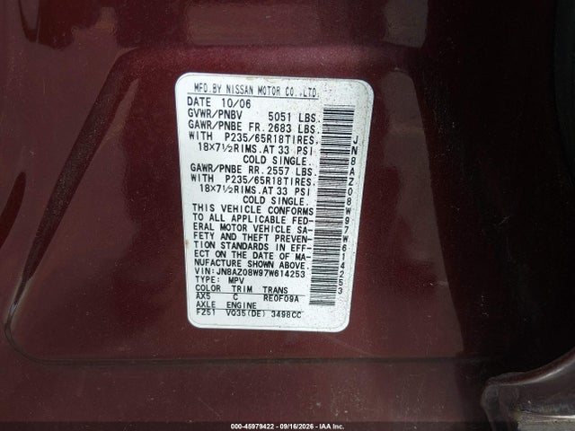 Aukcja sprzedaży 2007 Nissan Murano Sl, vin: JN8AZ08W97W614253, numer aukcji: 45979422