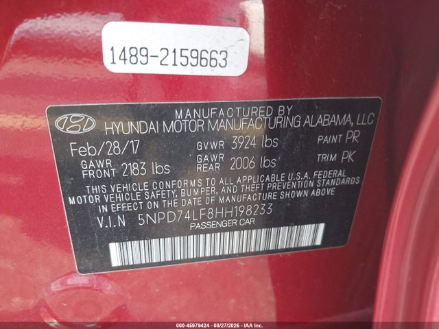 45979424 :رقم المزاد ، 5NPD74LF8HH198233 vin ، 2017 Hyundai Elantra Se مزاد بيع