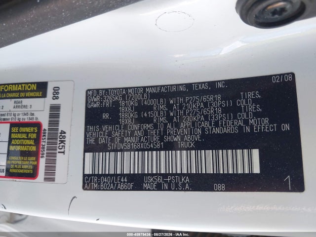 Auction sale of the 2008 Toyota Tundra Limited 5.7l V8, vin: 5TFDV58168X054581, lot number: 45979436