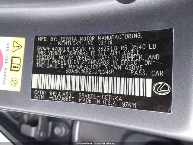 Продаж на аукціоні авто 2018 Lexus Es 350, vin: 58ABK1GG2JU102491, номер лоту: 45979444
