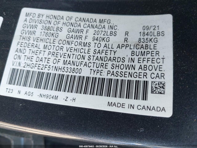 2022 Honda Civic Sport მანქანა იყიდება აუქციონზე, vin: 2HGFE2F51NH533800, აუქციონის ნომერი: 45979463