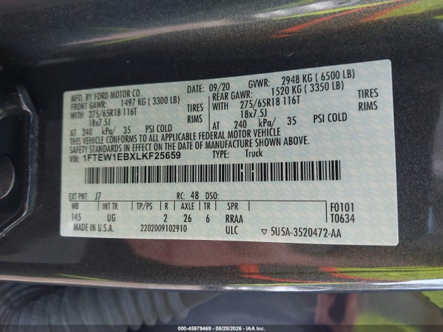 45979469 :رقم المزاد ، 1FTEW1EBXLKF25659 vin ، 2020 Ford F-150 Xlt مزاد بيع
