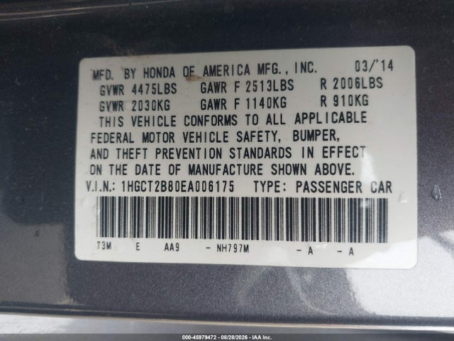 1HGCT2B80EA006175 Honda Accord Ex-l V-6