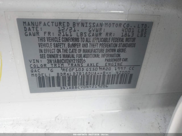 Продажа на аукционе авто 2022 Nissan Sentra Sv Xtronic Cvt, vin: 3N1AB8CV0NY219206, номер лота: 45979474