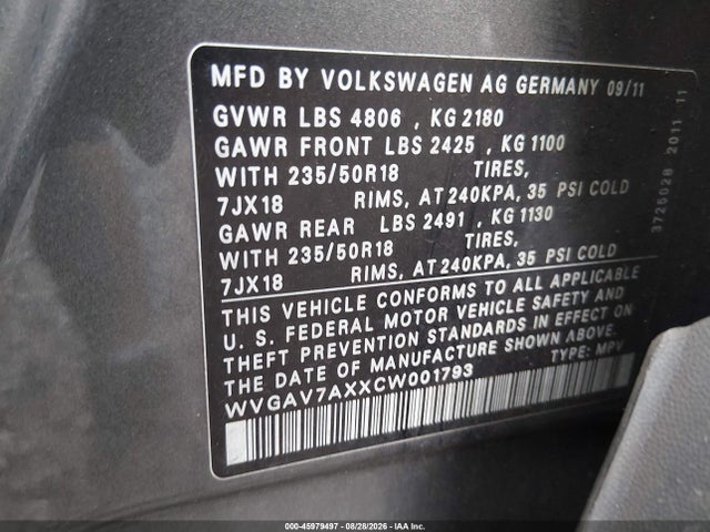 Aukcja sprzedaży 2012 Volkswagen Tiguan Se, vin: WVGAV7AXXCW001793, numer aukcji: 45979497