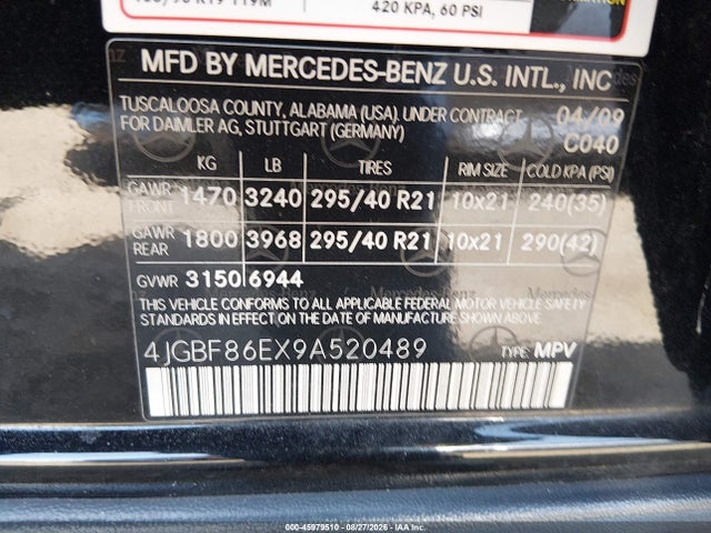 Aukcja sprzedaży 2009 Mercedes-benz Gl 550 4matic, vin: 4JGBF86EX9A520489, numer aukcji: 45979510