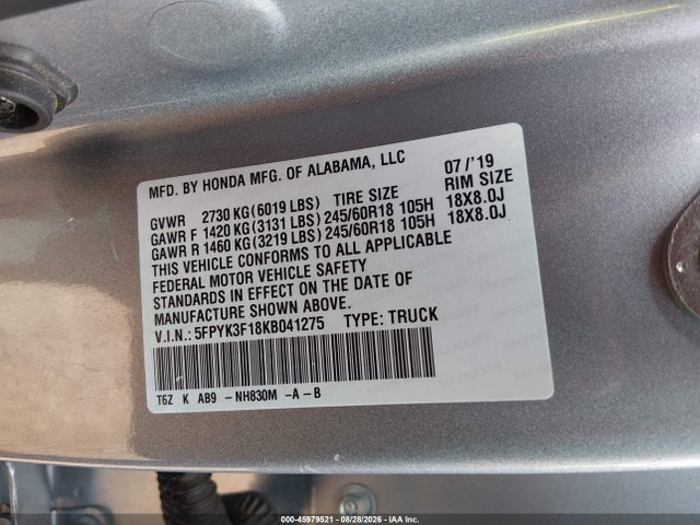 Honda Ridgeline Sport 2019 5FPYK3F18KB041275 Image 9