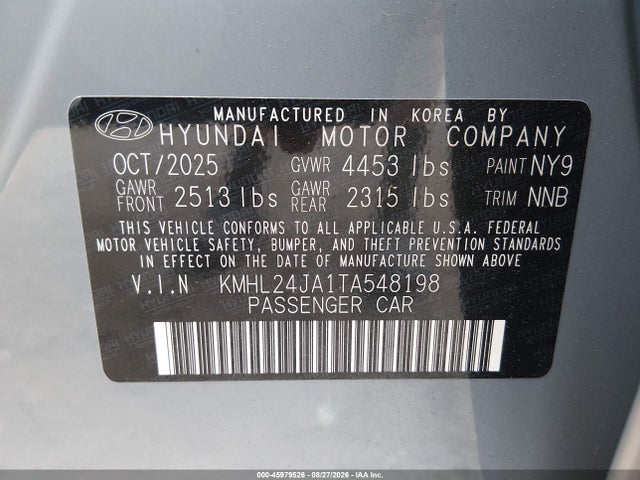 45979526 :رقم المزاد ، KMHL24JA1TA548198 vin ، 2026 Hyundai Sonata Se مزاد بيع