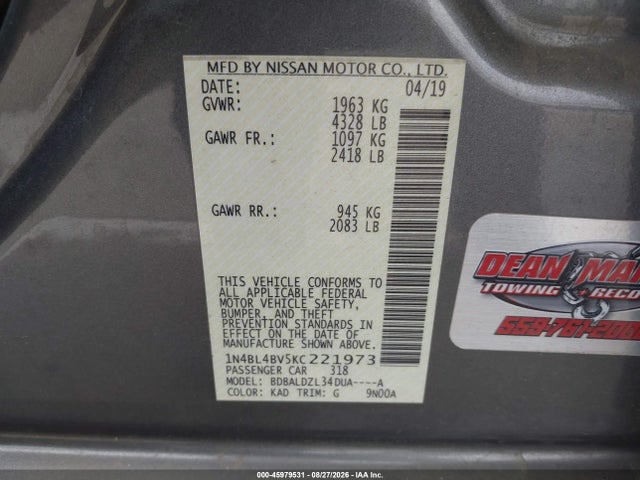 Nissan Altima 2.5 S 2019 1N4BL4BV5KC221973 Image 9