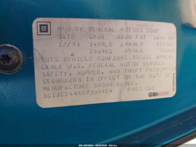 45979534 :رقم المزاد ، 1G1JC144XR7200914 vin ، 1994 Chevrolet Cavalier Vl/rs مزاد بيع
