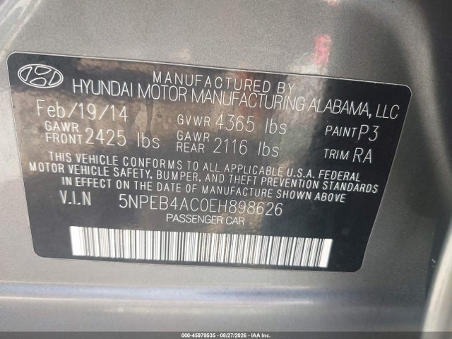 Aukcja sprzedaży 2014 Hyundai Sonata Gls, vin: 5NPEB4AC0EH898626, numer aukcji: 45979535