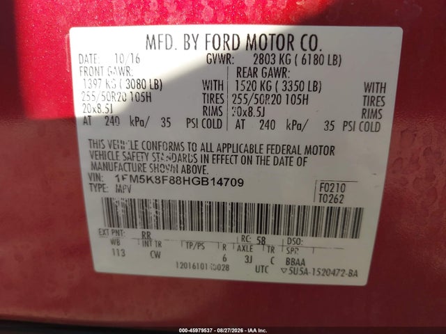 Aukcja sprzedaży 2017 Ford Explorer Limited, vin: 1FM5K8F88HGB14709, numer aukcji: 45979537