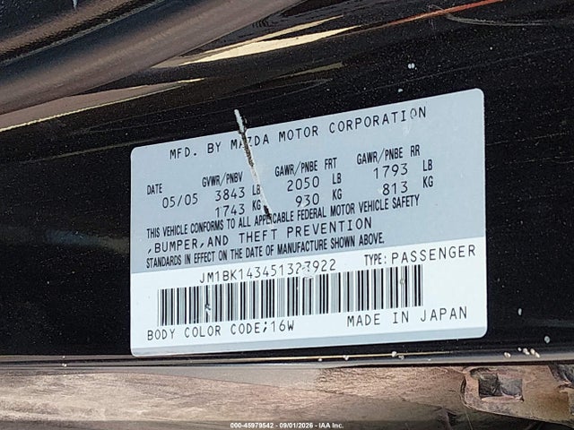 45979542 :رقم المزاد ، JM1BK143451327922 vin ، 2005 Mazda Mazda3 S مزاد بيع