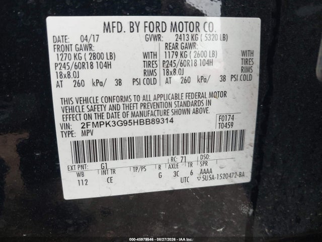 45979546 :رقم المزاد ، 2FMPK3G95HBB89314 vin ، 2017 Ford Edge Se مزاد بيع
