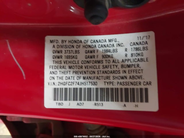Honda CIVIC EX 2018 2HGFC2F74JH517530 Image 9
