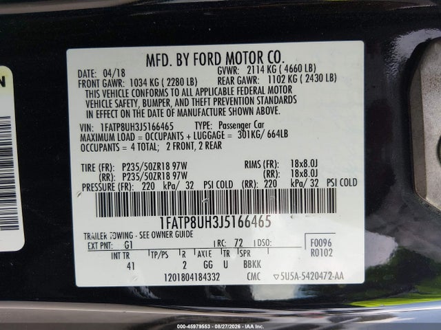 Продажа на аукционе авто 2018 Ford Mustang Ecoboost Premium, vin: 1FATP8UH3J5166465, номер лота: 45979553