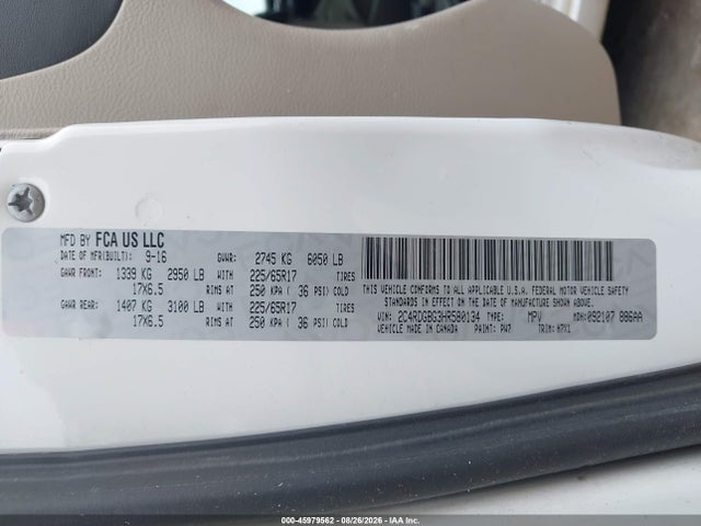 Aukcja sprzedaży 2017 Dodge Grand Caravan Se, vin: 2C4RDGBG3HR580134, numer aukcji: 45979562