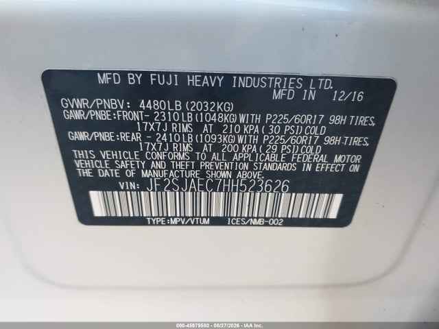 45979580 :رقم المزاد ، JF2SJAEC7HH523626 vin ، 2017 Subaru Forester 2.5i Premium مزاد بيع